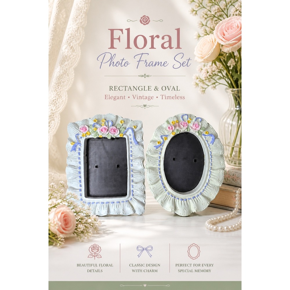 Vintage‎ Floral Picture Frame Set Cottage Shabby Chic Pink Roses Ribbon Pair